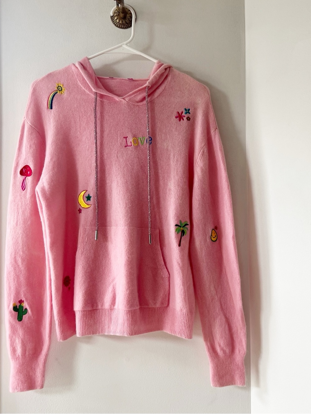 Romi Basha 100% Pure Cashmere Pink Happy Hooded Sweater | Small